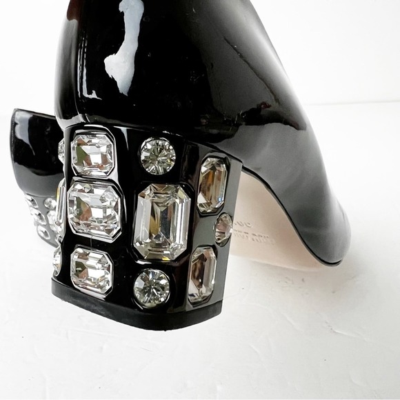 SZ 39 Miu Miu Black Patent Leather Crystal Embellished Block Heel Peep Toe Pumps - Picture 5 of 7